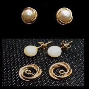 Solid 14k Yellow Gold Knot Enhancers Round White Pearl Stud Earrings